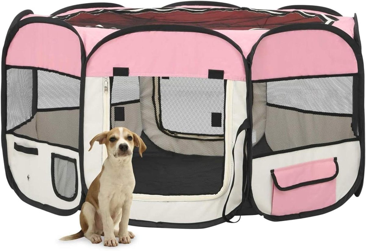 Hondenbench Opvouwbaar - Hondenkooi Tent - Hondentraining Thuis - Met Draagtas - 125 x 125 x 61 cm - Roze
