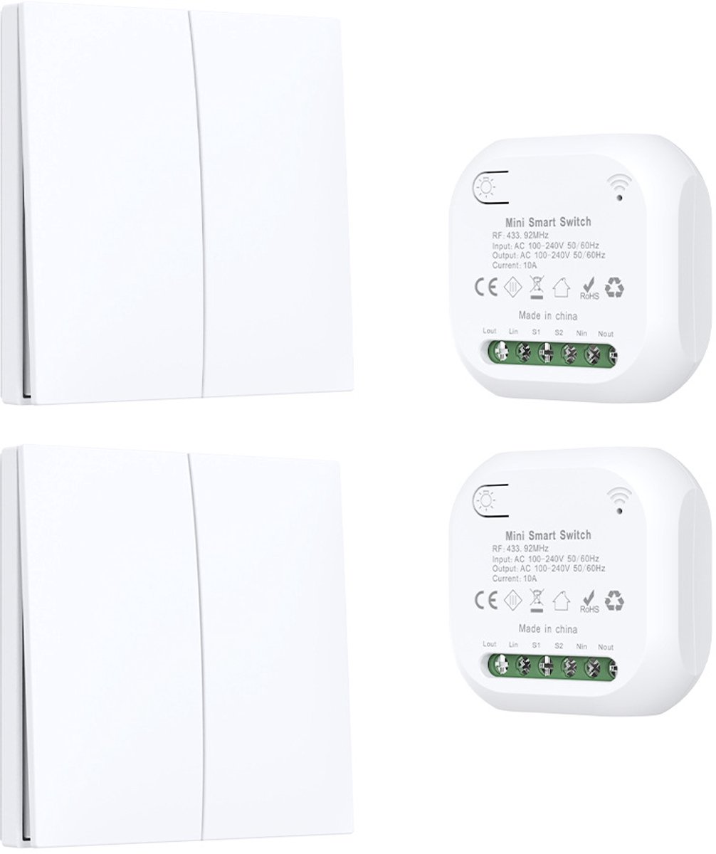 Draadloze lichtschakelaarcombinatieset – Inclusief 2 ontvangers en 2 dubbele schakelaars – IP44 waterdicht – 10A-ontvanger – eenvoudige installatie – Geschikt voor tafellampen, hanglampen, wandlampen en nachtlampjes – bedraad + draadloos – wit