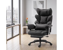 Dowinx Ergonomische Bureaustoel / Gamingstoel – Pocketveren Zitkussen – Dubbel gevoerde Rugleuning & Verstelbaar Lendenkussen – Met Armleuningen en Voetensteun – PU-leer – Zwart