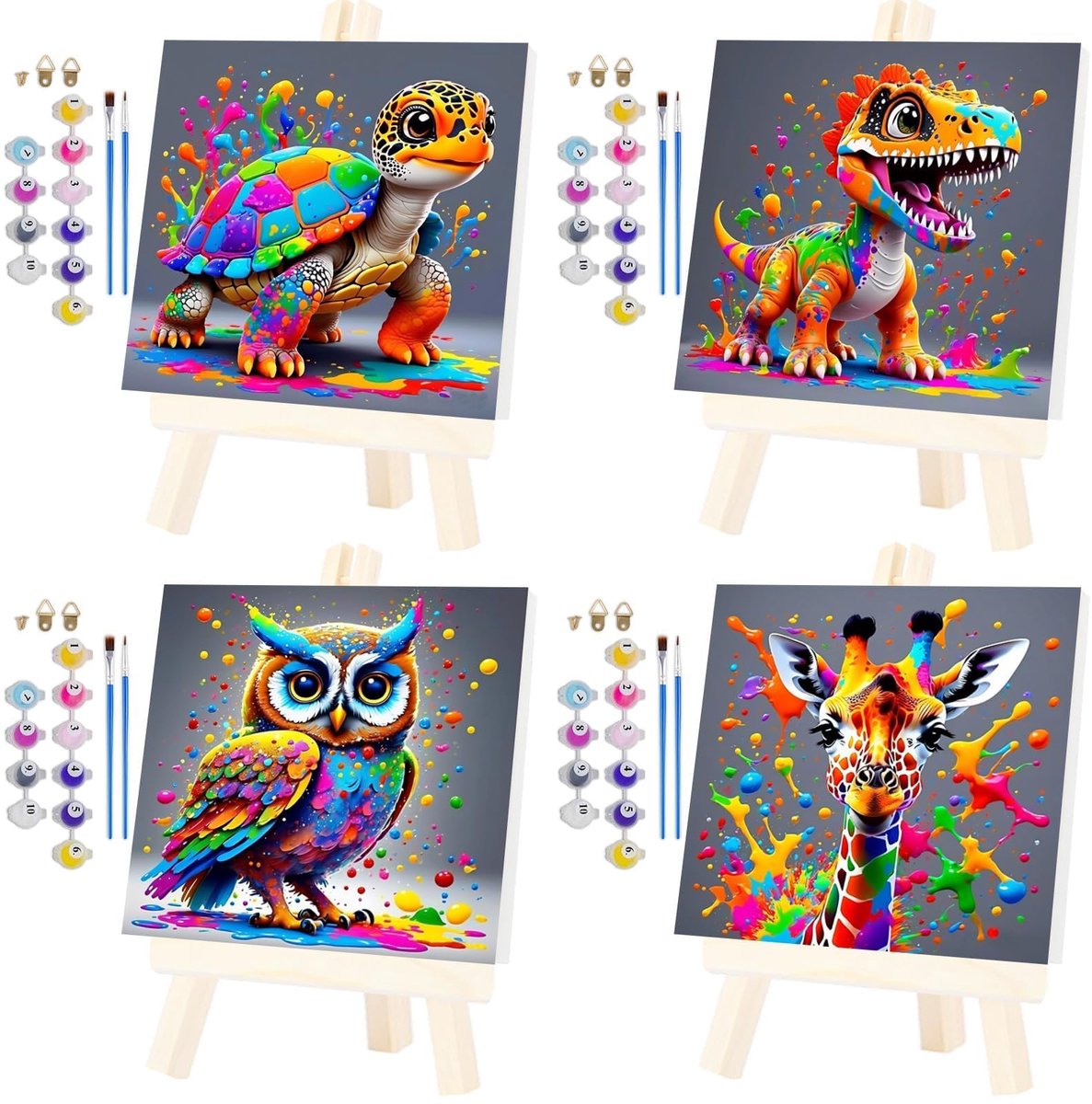 SnelShoppen - Schilderen op Nummer Set Dieren - 4 Stuks 30x30 cm - Geschikt voor Kinderen en Volwassenen - Inclusief Dinosaurus, Giraf, Schildpad en U