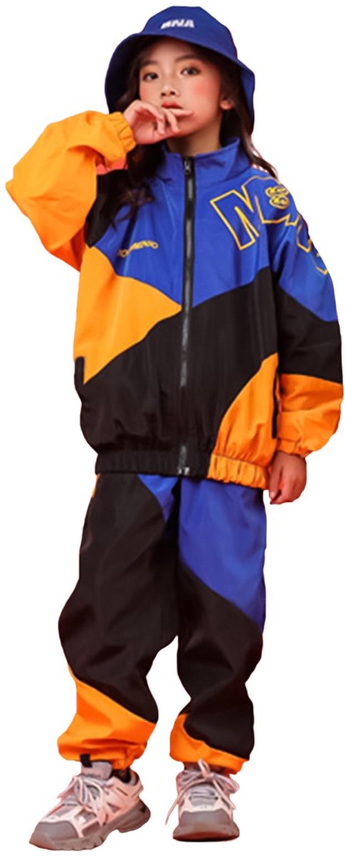 SnelShoppen - 2-delige hiphop-kledingset voor meisjes, street danspak met jas en broek in blauw, maat 13-15 jaar, perfect voor dans, feest en casual g
