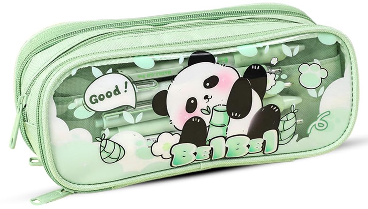 longziming -Etui met 3 Vakken - Grote Pennenzak met Transparante Vakken - Opbergetui met Ritssluiting - Voor Schoolspullen, Make-up en Accessoires - 1 Stuk