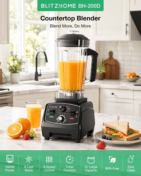 BlitzHome BH-200D Professionele Blender 1600W - 2L BPA-vrije Blenderkan - 9 Snelheden - Timer 1-5 min - Smoothies, Soep, IJs Crushen & Noten - Zwart van BlitzHome — afbeelding 2