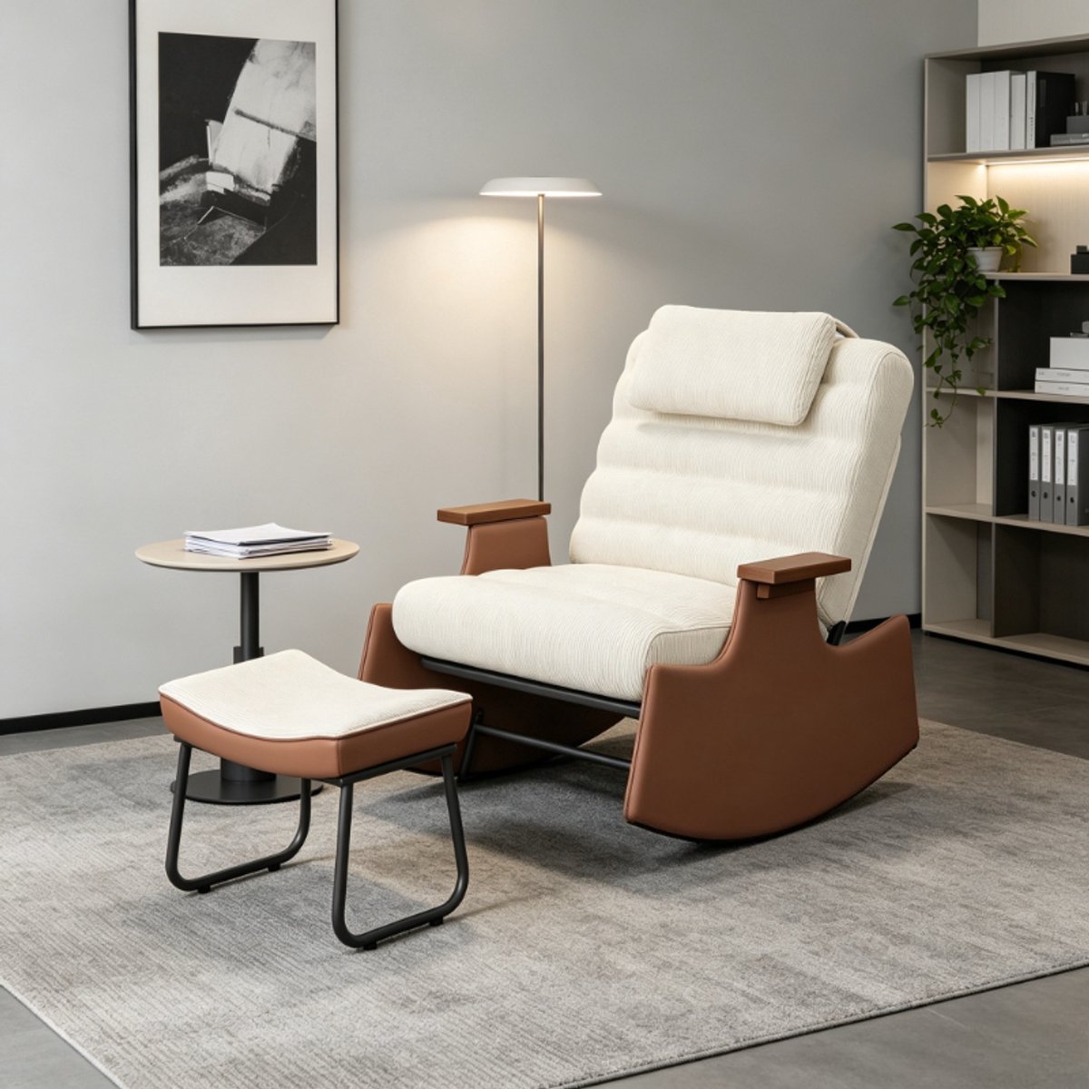 ROSAHQNDA Schommelstoel 81x51x81 cm met voetenbank, verstelbare relaxstoel met 3 standen rugleuning en hoofdsteun, comfortabele teddy fauteuil voor woonkamer, beige