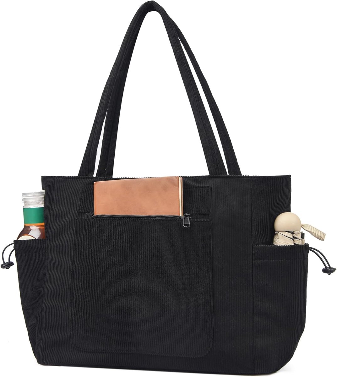 SnelShoppen - Ibalulu Cord Tas Dames, Grote Shopper Tas, 15,6 inch Laptoptas, Rits Strandtas, Handtas, Werktas, Schoudertas, Schooltas, Zwarte Tote Ba
