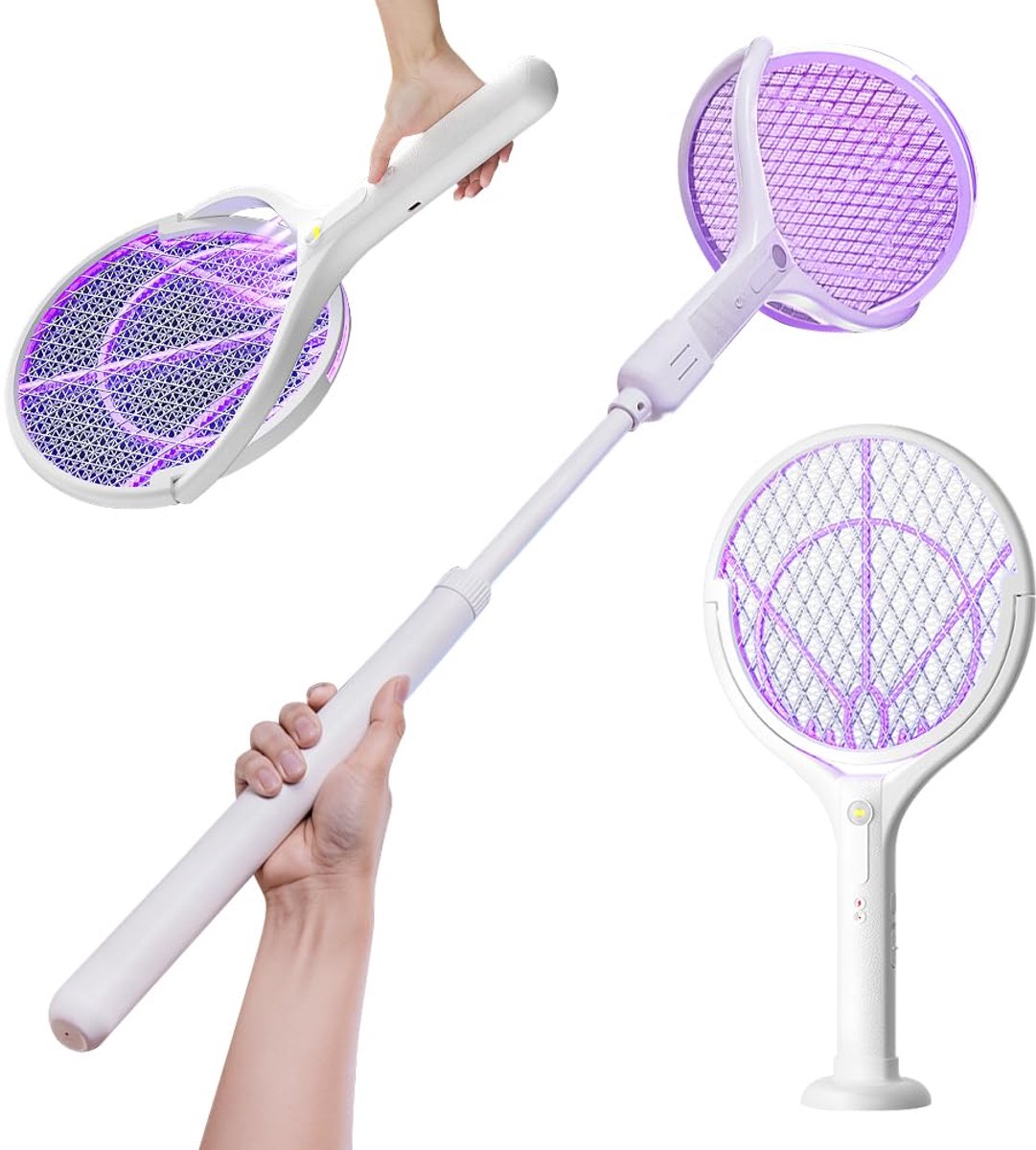SnelShoppen - KBIBCK 6-in-1 Elektrische Vliegenmepper 2800 V - Oplaadbare Muggenmepper met Roterende Kop en Telescopische Verlengstaaf - Wit - Perfect