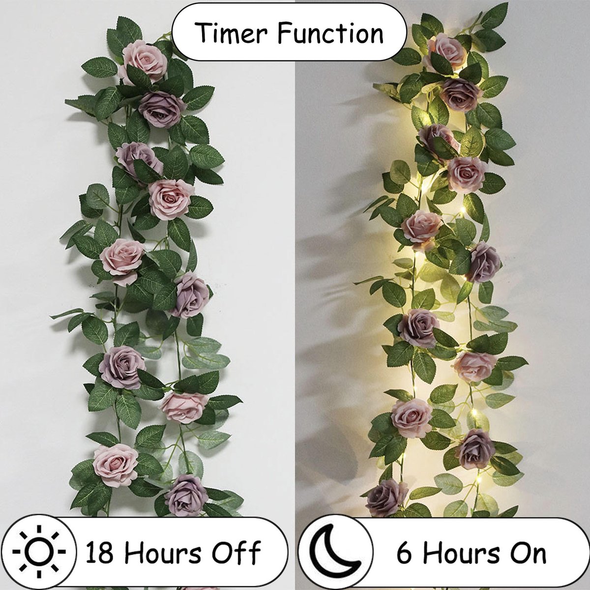 SnelShoppen - 1,5 meter Roze Slinger Lichtjes met Kunstmatige Bloemen, Batterijwerking met Timer, Bloemenslinger voor Bruiloft, Kamerdecoratie en Fees