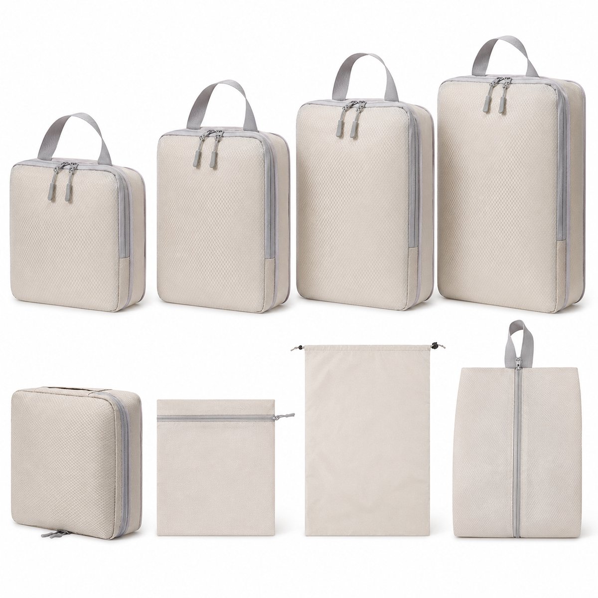 Compressie Packing Cubes - Packing Cubes met Compressierits - 8-Delig – Packing Cubes Reis Set – Compressie Reisset - Koffer Organizer Set – Waterafstotend en Wasbaar - Voor Vakantie, Zakenreis en Dagelijks Gebruik - Beige