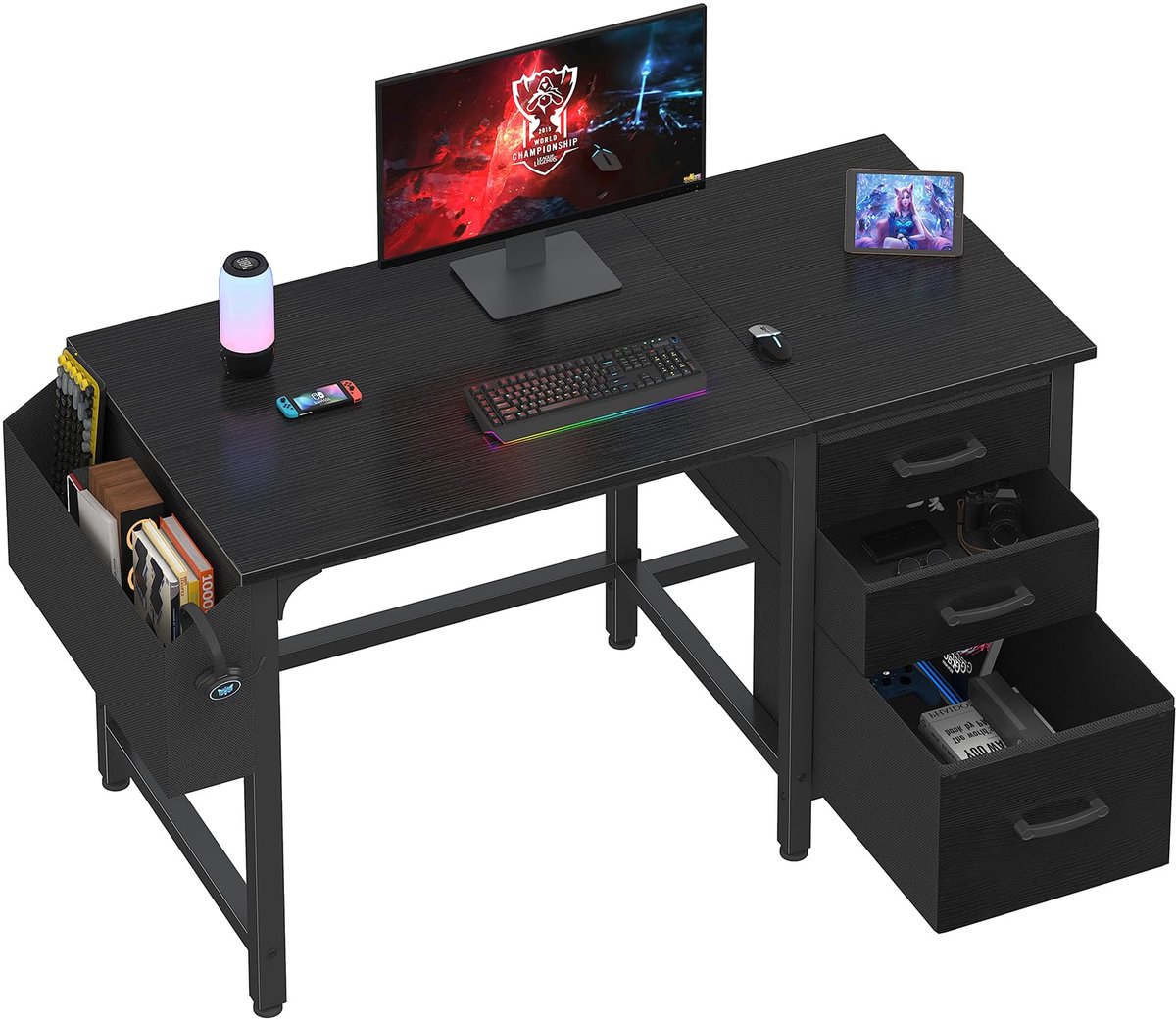 SnelShoppen - Zwart Computer Bureau met Laden en Opbergtas - Kleine Office Desk voor Slaapkamer, Studie, Schrijven, PC Bureau 120cm - Modern en Functi