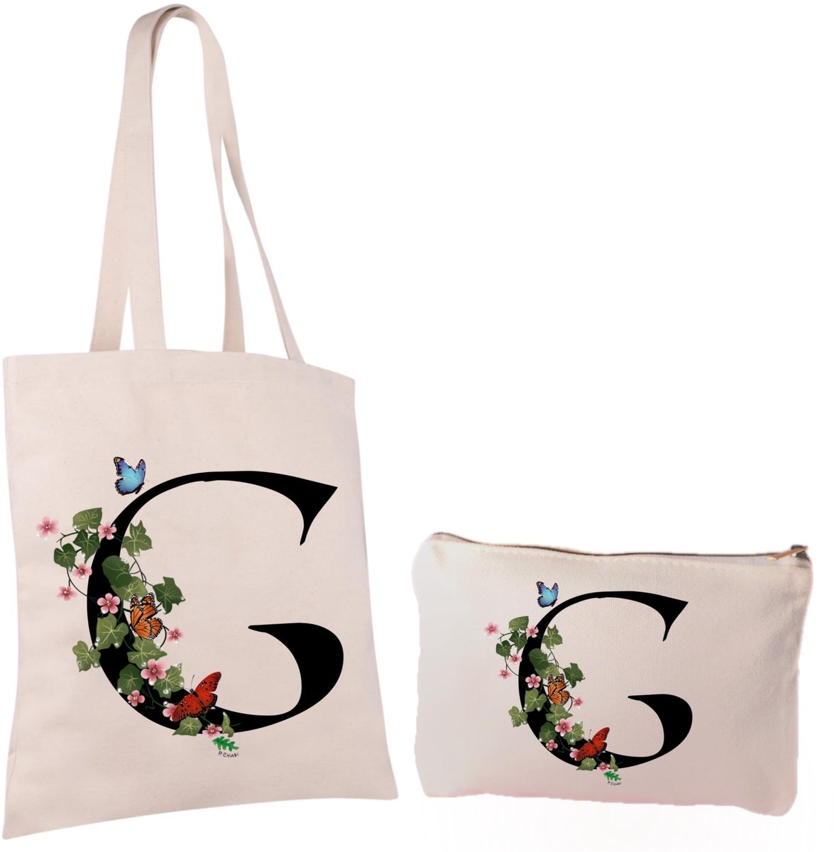 Dailygoods - Set van 2 Katoenen Tasjes met Bloemenprint en Vlinders - Eco-vriendelijk
