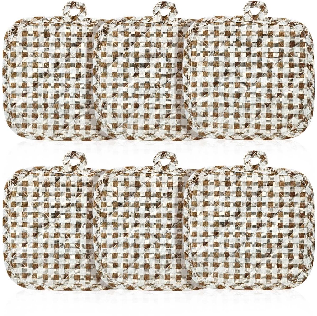 Dailygoods - Khaki Geruite Katoenen Potholders Set van 6 - Hittebestendig en Stijlvol