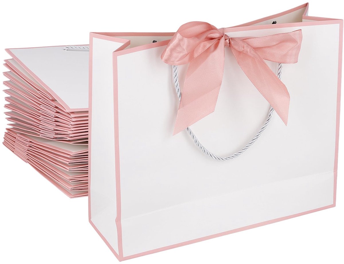 Dailygoods - 15 Stuks Luxe Witte Geschenkzakjes - Met Roze Frame en Lint voor Feesten