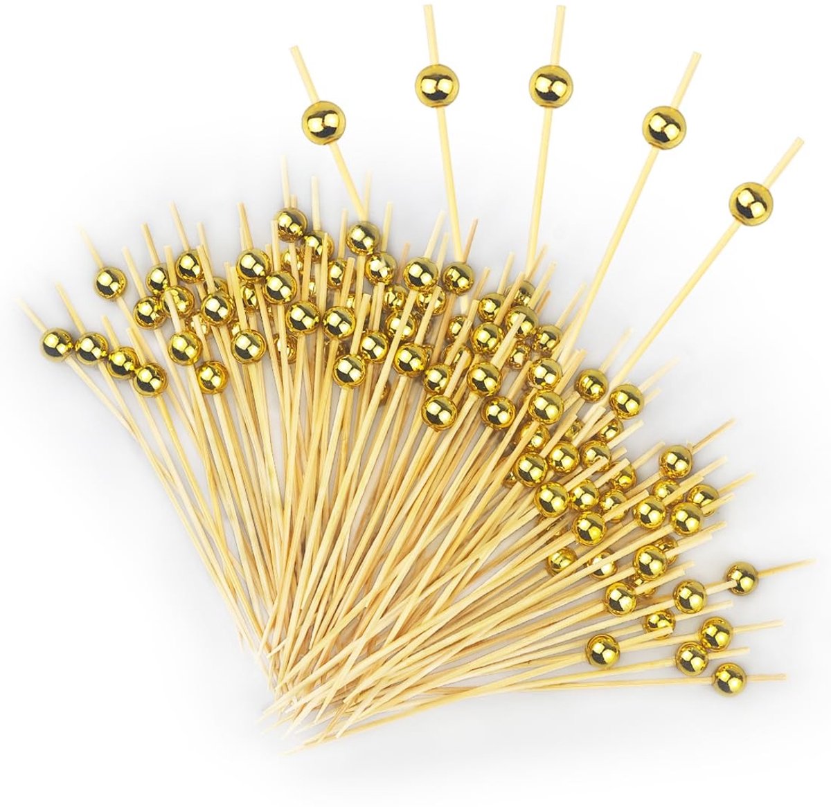 Dailygoods - 100 stuks cocktailsticks met gouden parel - Houten bamboe hapjesprikkers