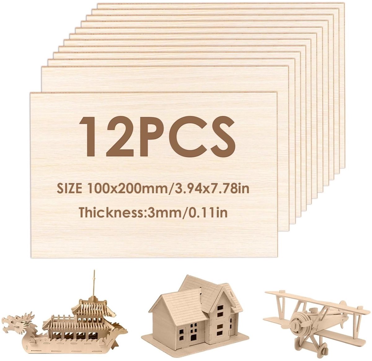 Dailygoods- Balsa Platen 12 Stuks - 200x100x3mm - Natuurlijke Houten Platen - Modelbouw - DIY Projecten - Glad en Splintervrij - Houtplaten