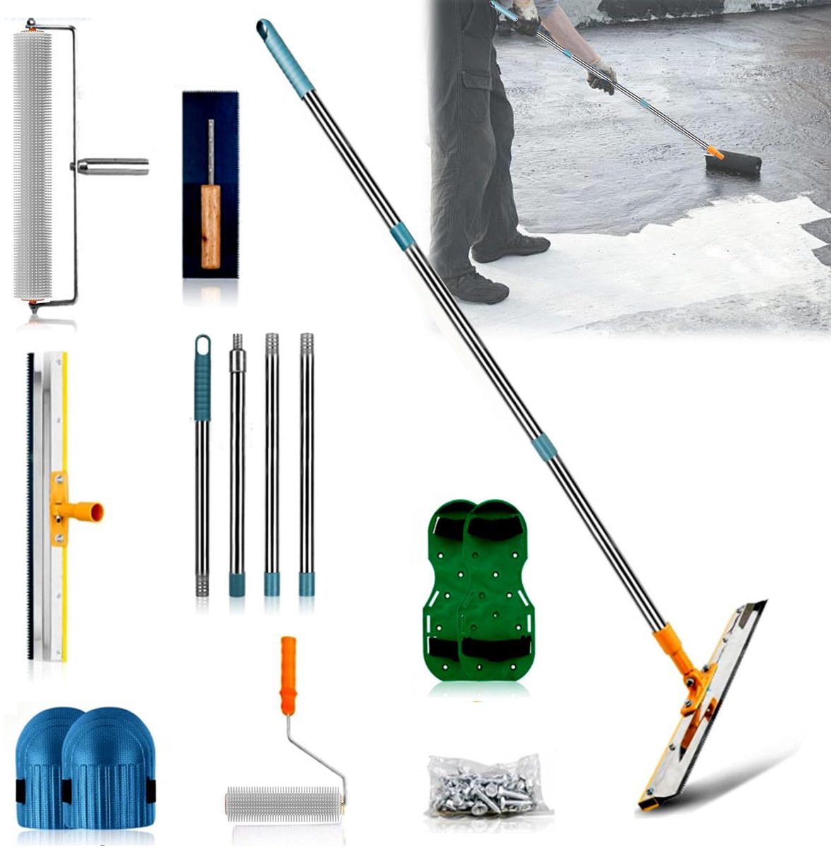 Dailygoods- Vloercoatingset - Professionele Telescoopstang - Roestvrij Stalen Spatel 56 cm - Prikkelrol 50 cm - Antislip Nagelschoenen - Hoogwaardige Corrosiebestendigheid - Vloerafwerkingsset