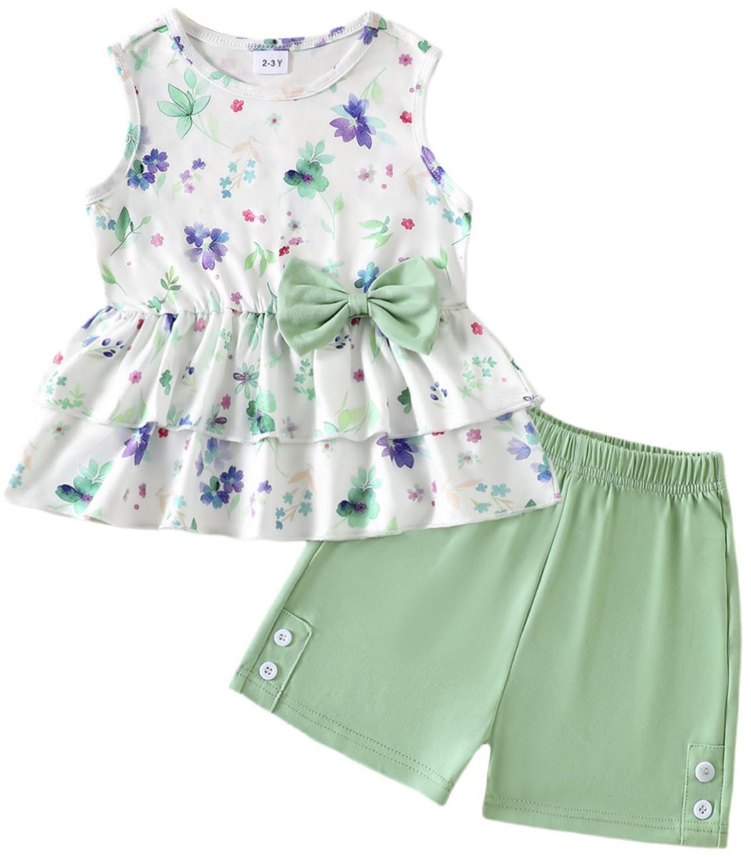 SnelShoppen - FishingDino Babykleding Meisjes Zomerset 92-110, Mouwloze Top en Shorts, Schattige Kinderkleding Groen voor Dagelijks Gebruik, Perfect v