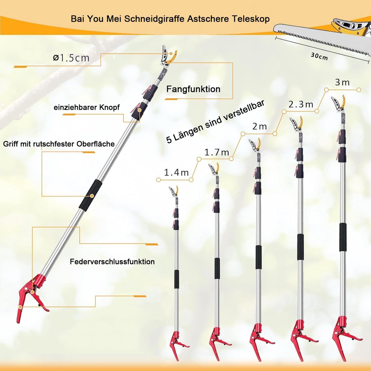 SnelShoppen - Telescopische Snoeigiraffe Takkenschaar 1,4-3m Uittrekbare Snoeischaar met Telescoopsteel - Handmatige Rozenschaar en Vijverschaar voor