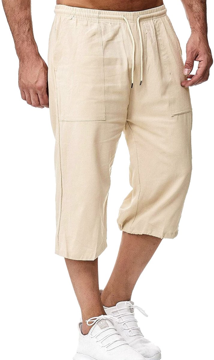 SnelShoppen - Lichte 3/4 Linnen Shorts Heren, Kaki, Zomerbroek voor Strand, Yoga, Jogging, Casual, Maat L