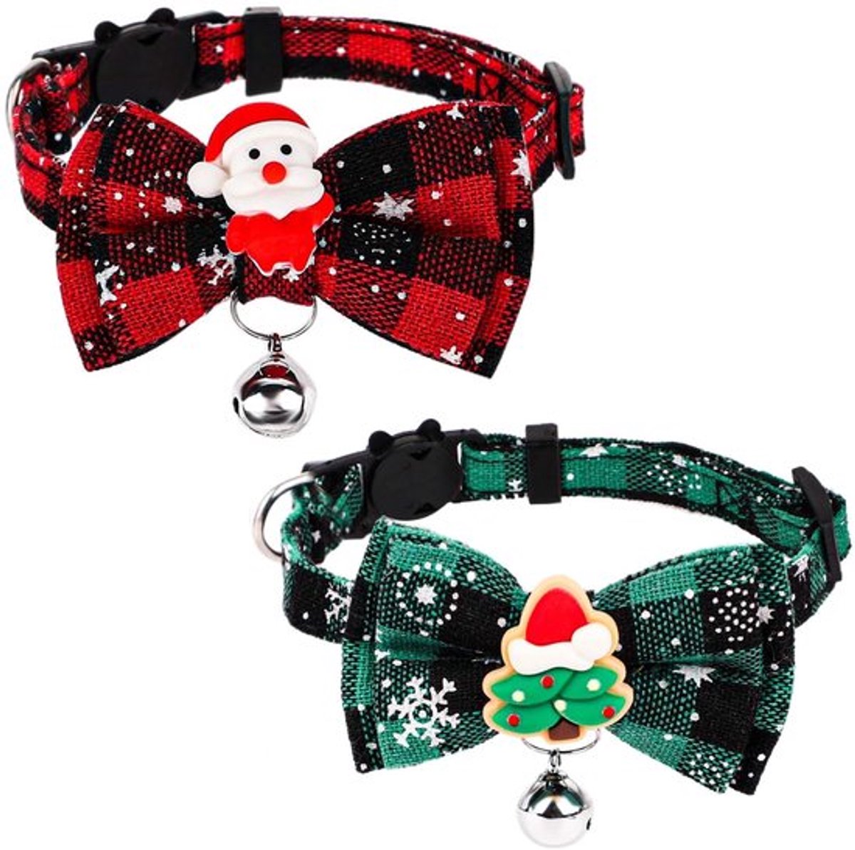 - 2st Kerst Kattenhalsband - Verstelbaar met Vlinderdas - Rood en Groen - Schattige Kattenaccessoires - Geschikt voor Alle Katten - 18-30c