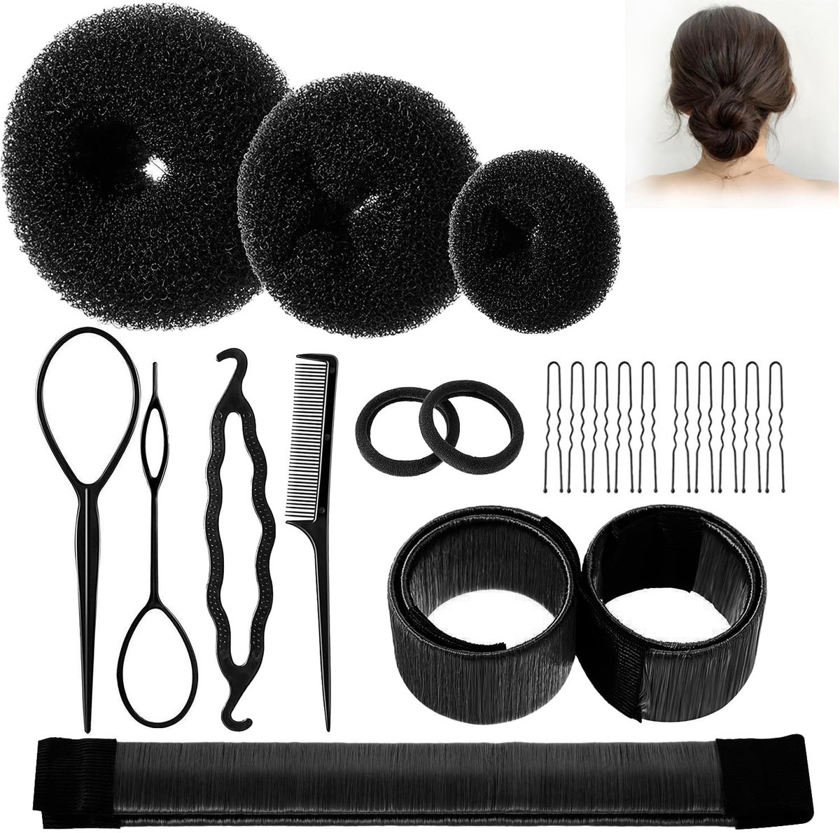 Dailygoods- Knotjes Maker Set 21-delig - Haarstyling Accessoires - Lichtgewicht - Zwart - Betrouwbare Ondersteuning - Voor Diverse Kapsels - Haarknot