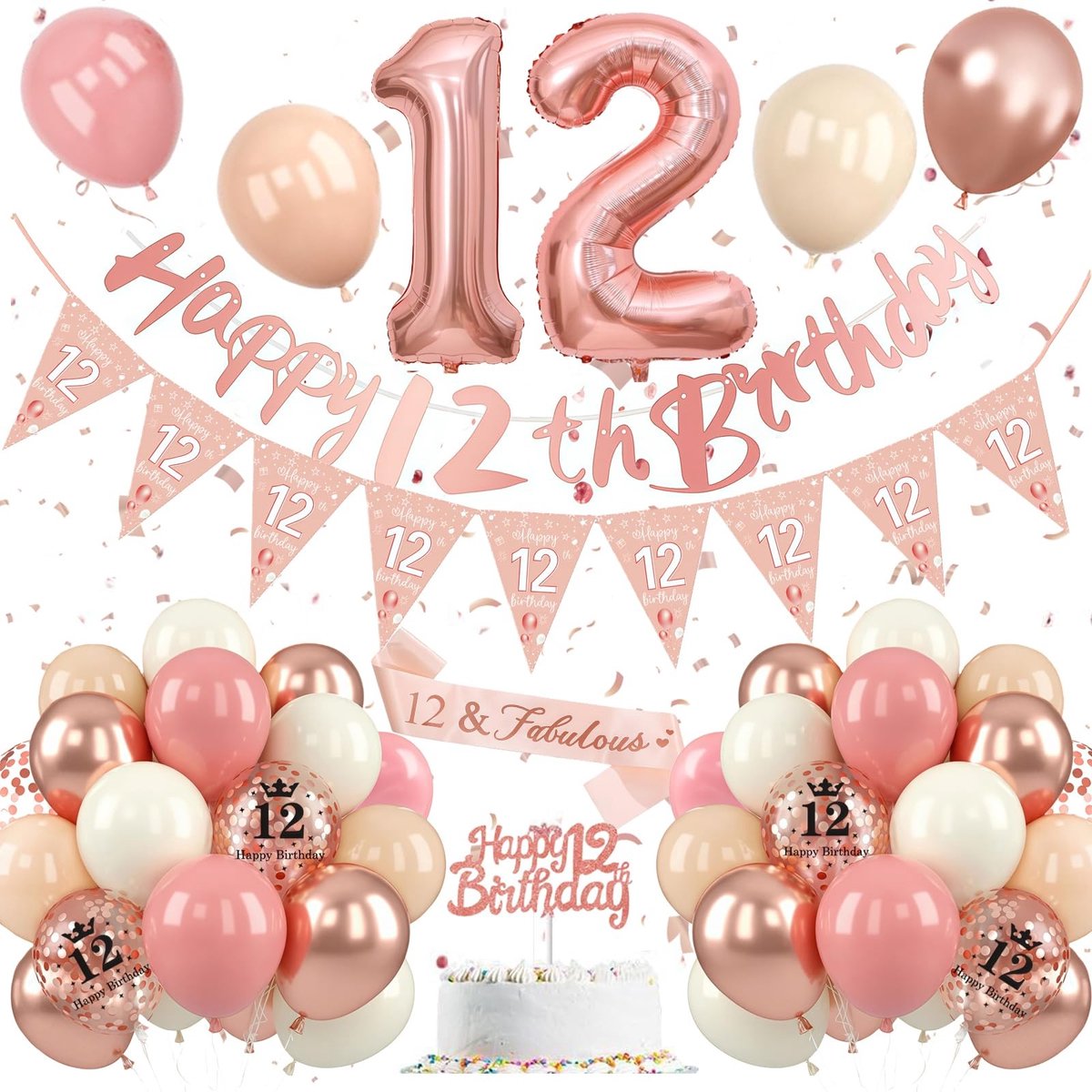 Dailygoods - 12e Verjaardagsdecoratie Set Roségoud - Ballonnen en Banner