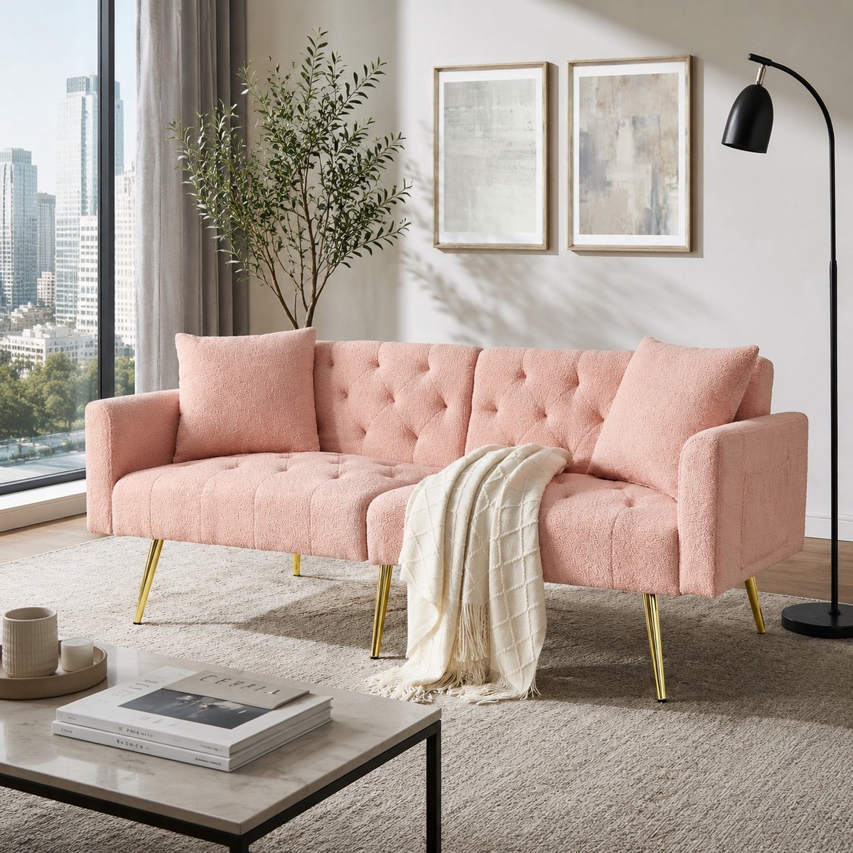 COVREO Slaapbank 177 x 78 x 74 cm - pluche stof, roze, 2 kussens, verstelbare rugleuning