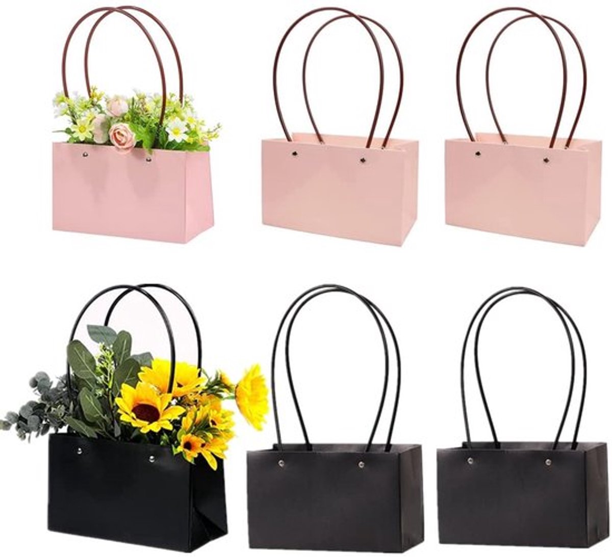 Kraftpapier Bloemengeschenkzakken - Waterdichte Boeketdoos - 6 Stuks - Zwart en Roze - Perfect voor Verjaardag en Moederdag - Duurzaam e