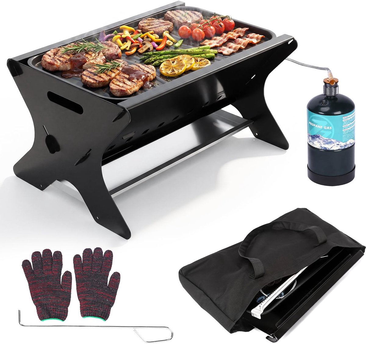 Dailygoods - Draagbare Gasgrill met Insteeksysteem - Gas & Houtskool voor Buiten