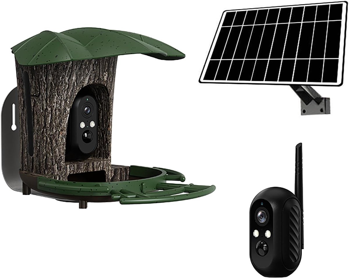Slimme vogelvoeder met camera, 128 GB geheugenkaart, cloudopslag, 5200 mAh batterij met zonnepaneel, AI-herkenning/app-bediening/directe aankomstmelding/automatische opname/IP65 waterdicht (wifi)