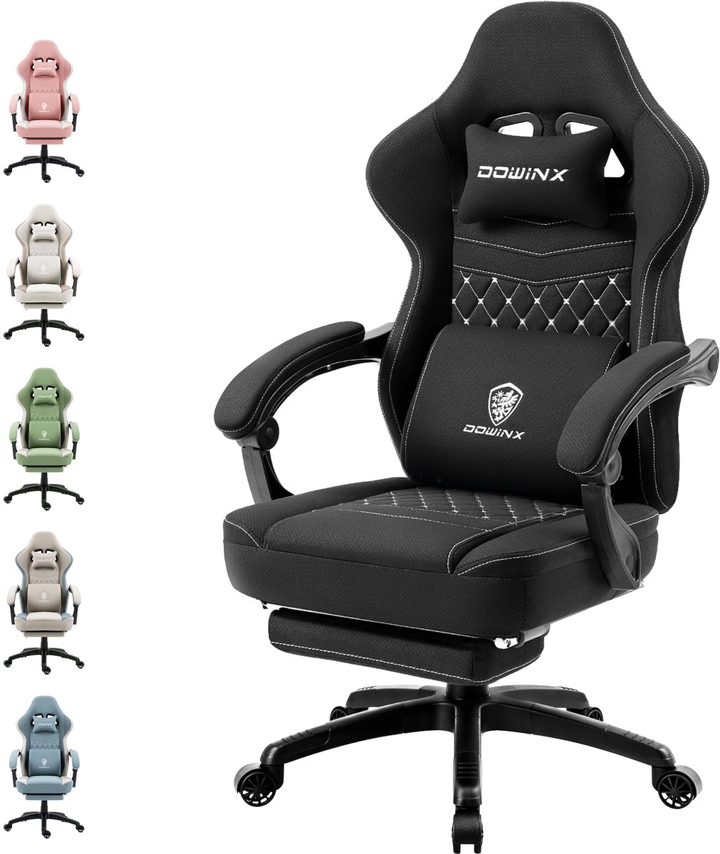 Dowinx Gaming stoel - Ergonomische bureaustoel - Stoffen gamer stoel met verstelbare rugleuning - Hoofdsteun en voetensteun - 150 kg draagvermogen - zwart