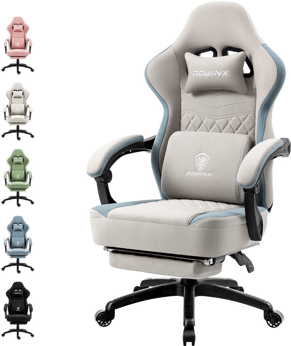 Dowinx Gaming stoel - Ergonomische bureaustoel - Stoffen gamer stoel met verstelbare rugleuning - Hoofdsteun en voetensteun - 150 kg draagvermogen - Grijs