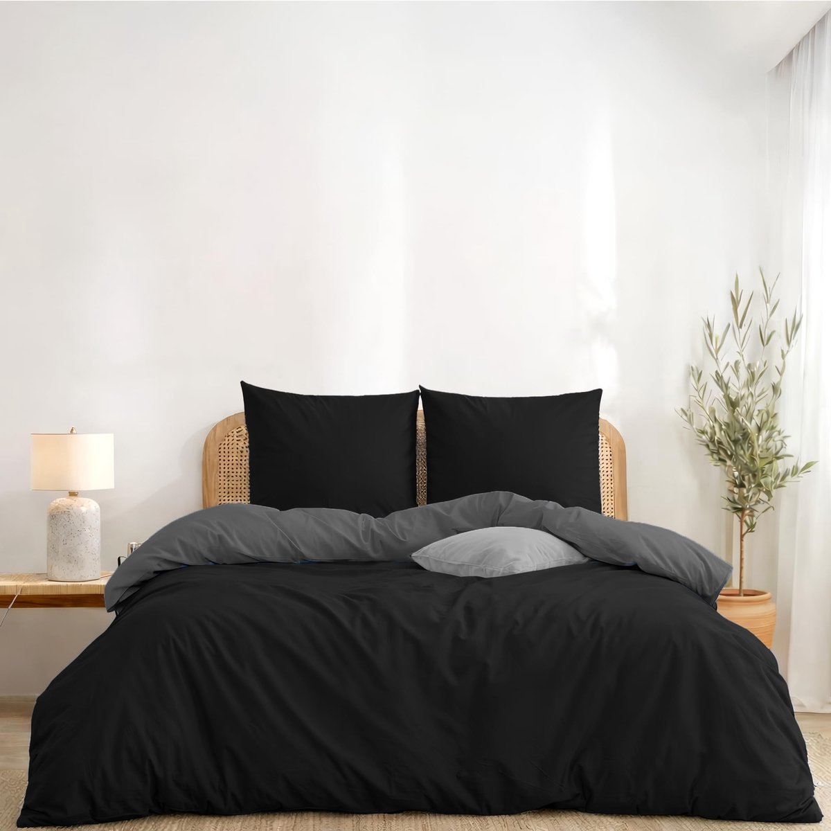 SnelShoppen - Twinzen Omkeerbaar Dekbedovertrek 200x200 cm met 2 Kussenslopen 65x65 cm - Zwart/Donkergrijs Microvezel Beddengoedset - Oeko-Tex Kwalite