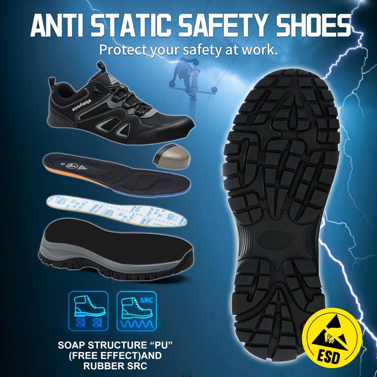 SnelShoppen - Veiligheidsschoenen Heren S1 ESD - Lichtgewicht Werkschoenen Dames - Ademend met Stalen Neus - Zwarte Sneakers Maat 38 voor Bouw en Indu