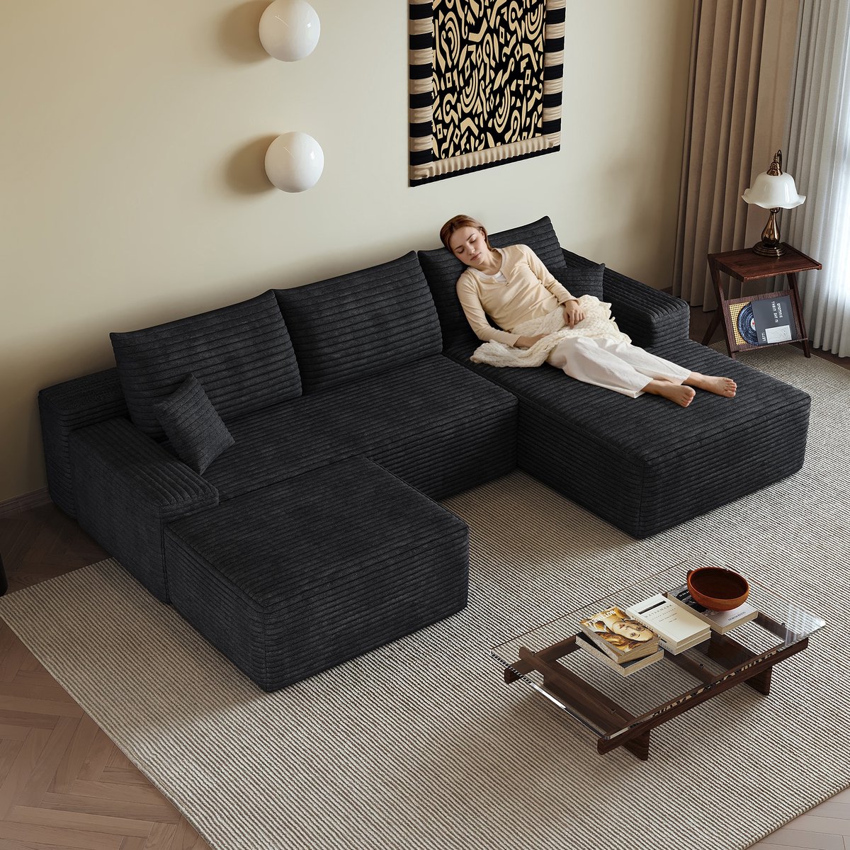 Sweiko Hoekbank - Modulair ontwerp - Corduroy - Rechts chaise longue - Geen montage nodig - Samengeperste bank - Zwart