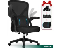 Hiaonyx Bureaustoel – Ergonomische bureaustoel met stille wielen – Bureaustoel voor volwassenen – Opklapbare armleuningen – Verstelbare lendensteun – Verdikt en verbreed zitkussen – Inclusief extra lendenkussen - Zwart
