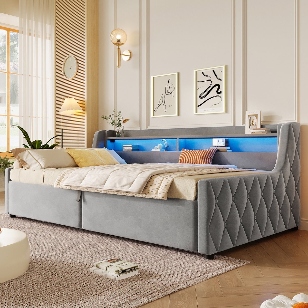 Bed 90x200 cm - Fluwelen Platformbed Met LED Licht En Opbergruimte Grijs