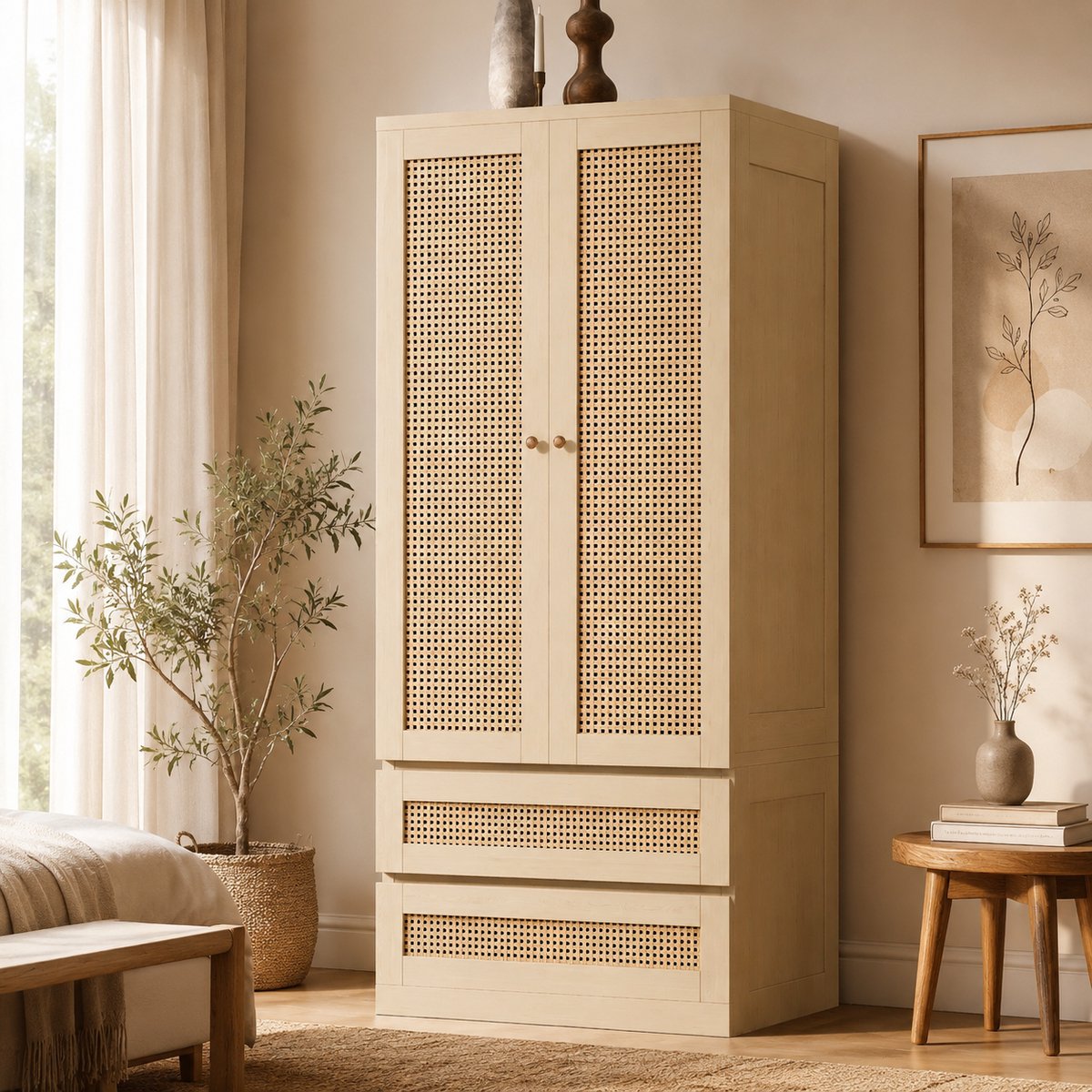 Kledingkast - Garderobekast - Kledingkast met lades - Slaapkamer Kast - Grote Opbergruimte - 70x55x170 cm - Dubbele deur design - Natuurlijke houtkleur