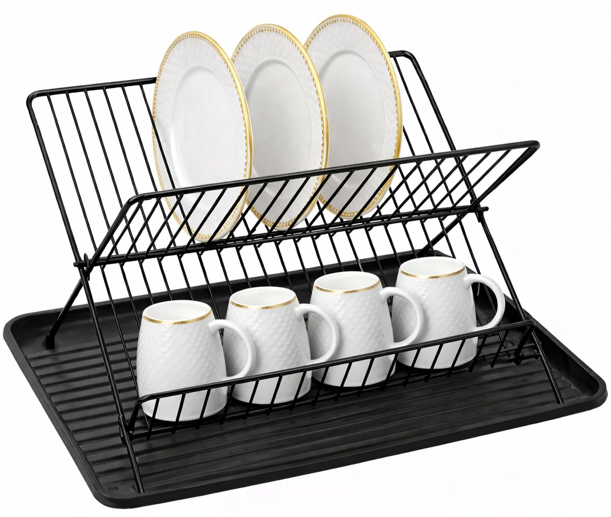 Dailygoods - Afwasrek Zwart – 2-Laags Afwasrek met Afwasbak voor Keuken, 43 × 32 × 25.5 cm