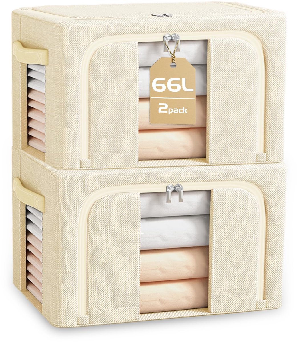 SnelShoppen - 2 Stuks Opbergdozen voor Kleding, 66L, Opvouwbaar, Metalen Frame, Oxford-Stof, Dubbel Venster, Rits, Beige, Ideaal voor Onder Bed of in
