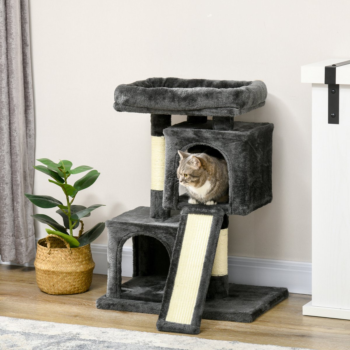 MIVRAY Krabpaal - 83 Cm - Sisal Krabplank - Hout En Pluche - Donkergrijs - Speel, Klim En Rustplek Voor Actieve Katten