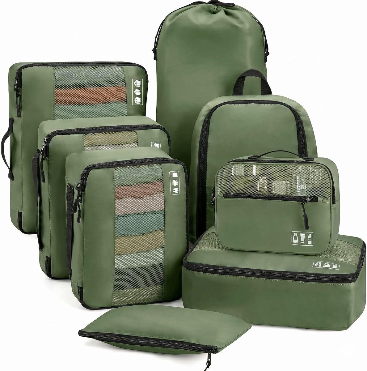 SnelShoppen - Inpakkubussen kledingtassen kofferorganizers 8-delig set olijfgroen voor vakantie en reizen, reiskubussen, opbergoplossingen