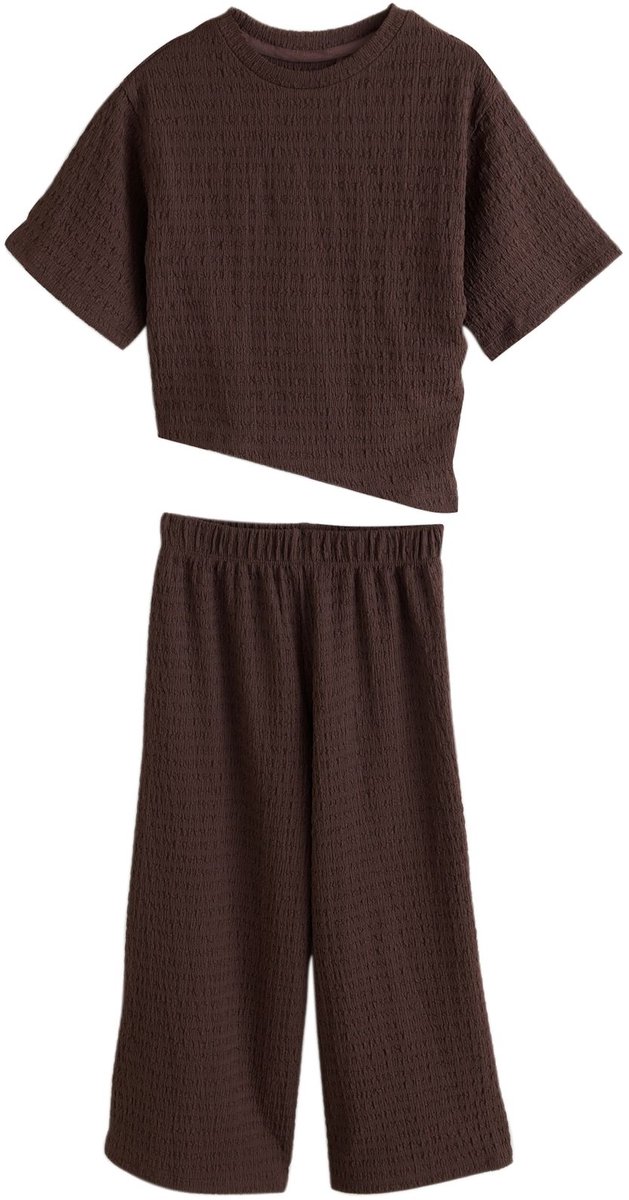 Next - Meisjes - Set van asymmetrisch T-shirt met textuur en broek met wijde pijpen - Bruin