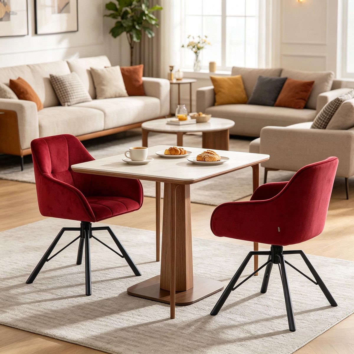 OKWISH Eetkamerstoel 57 x 82,5 x 54,5 cm - 360 Graden Draaibaar Met Armleuningen - Voor Eetkamer En Woonkamer - Metaal En Fluweel - Wijnrood