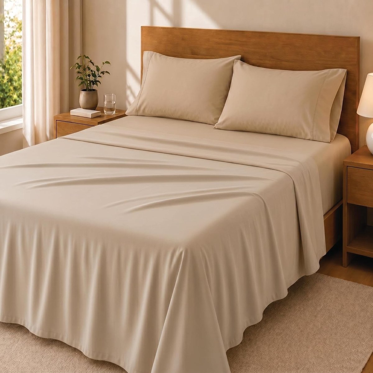 SnelShoppen - 4-delige Beddengoedset 140 x 200 cm, Beige, Hoeslaken, Laken, 2 Kussenslopen, Comfortabel en Elegant voor Tweepersoonsbedden