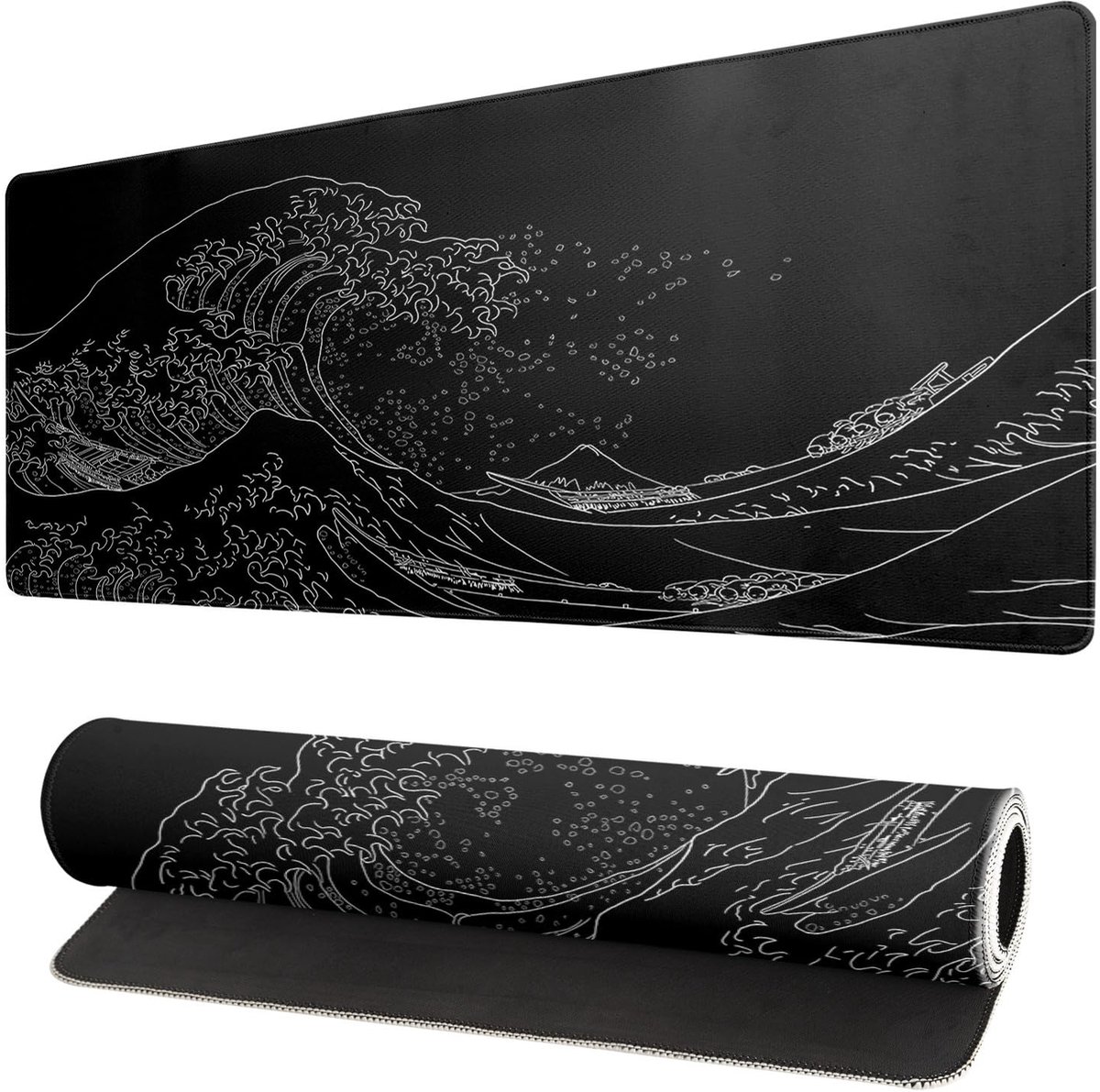 SnelShoppen - Grote Japanse gaming-muismat 80x30 cm, antislip rubberen base, 3 mm dik, vergrote anime bureaumat met afbeelding van grote golven in de