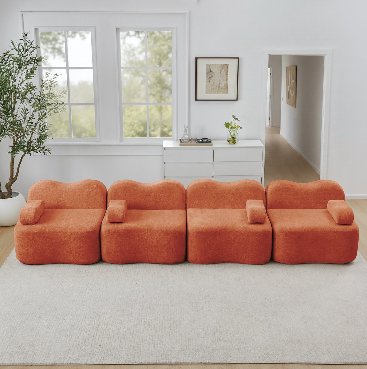 COVREO modulaire 4-zits bank 384 x 98 x 70 cm - oranje velvet, diepe zit, zonder montage