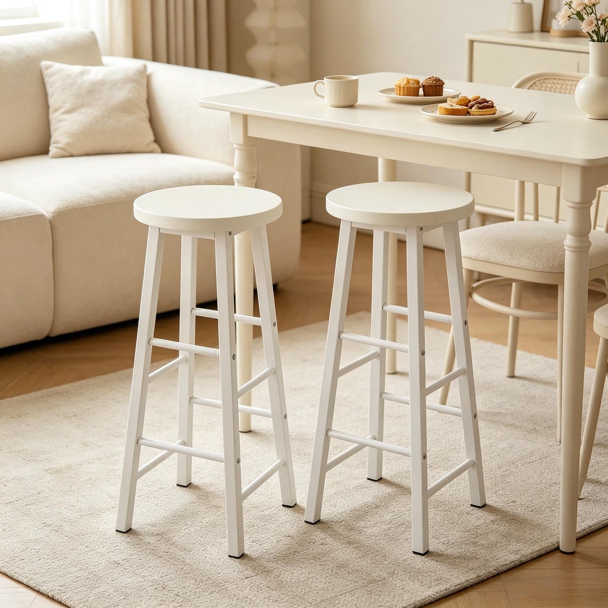 OKWISH Barkruk 71 Cm – Set Van 2 Met Voetsteun En Antislip Poten – Voor Keuken, Bartafel Of Eethoek – MDF En Metaal – Wit