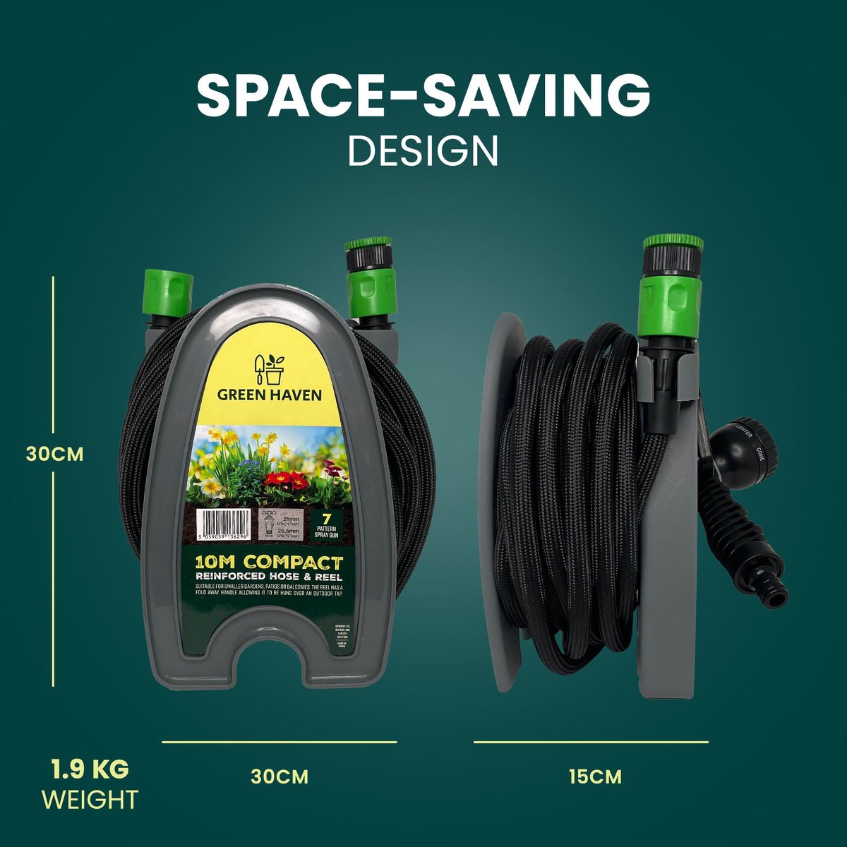 SnelShoppen - Green Haven Tuinslanghaspel 10 m - Compacte, lichte tuinslang met 7 patronen spuitpistool - Easy Wind mini-slanghaspel voor kleine tuine