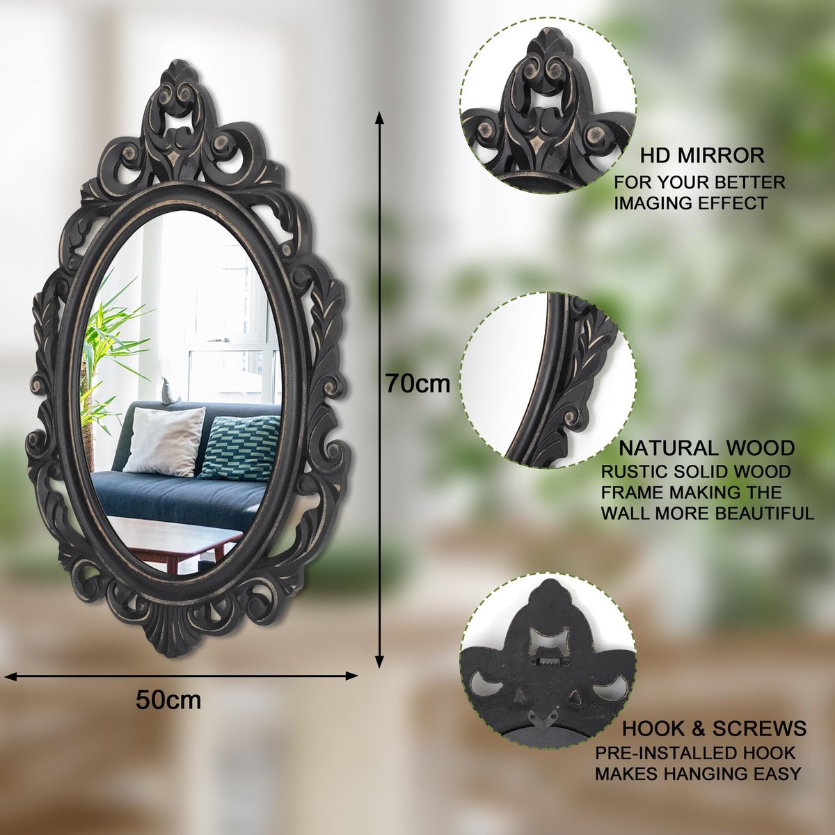 SnelShoppen - Ovale Vintage Arendahl Hangende Spiegel - Rustieke Bruin Gesneden Wandspiegel - Decoratieve Antieke Barokstijl Spiegel voor Kleedkamer,