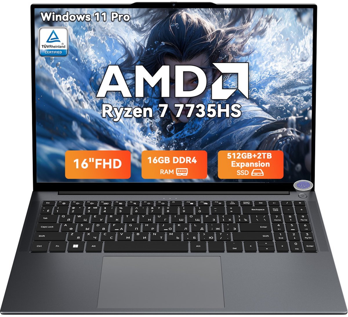 Blackview GamiBook 6 - Gaming Laptop - 16 inch Full HD - 16GB LPDDR5 RAM - 512GB SSD - AMD Ryzen7 7735HS - Windows 11 Pro Notebook - AMD Radeon 680M - WiFi 6 - Grijs